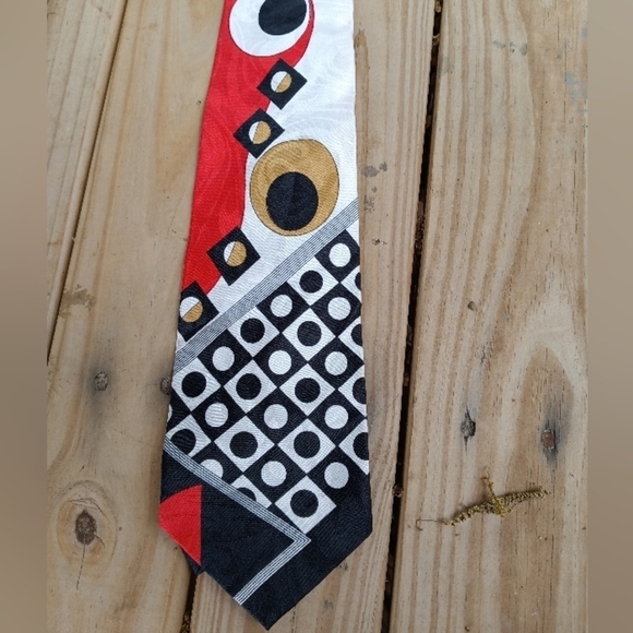 Men's Vintage Abstract Necktie Tie Artsy Geometric Retro Red Black White Tan - Picture 1 of 4